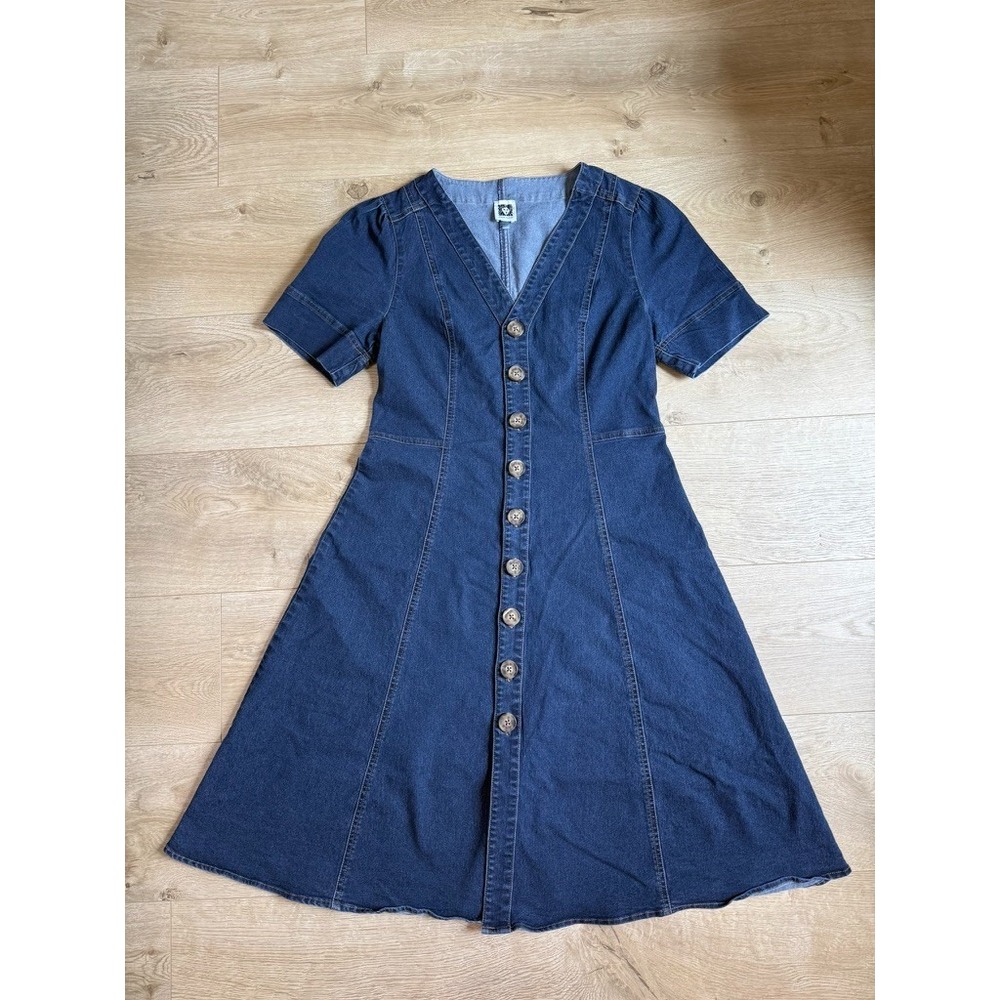 EUC Anne Klein knee length short sleeve denim button up dress stretch size M